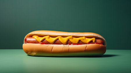 Hot dog with mustard and mayonnaise on a green background.の素材