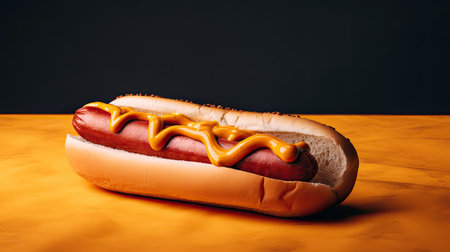 Hot dog with mustard and ketchup on a yellow background. Toned.の素材