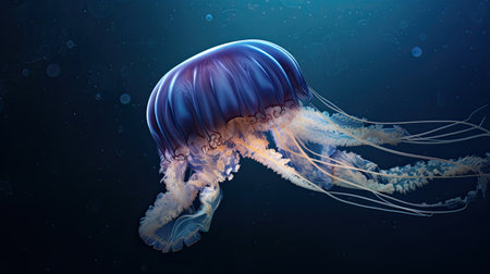 Jellyfish floating in deep blue water. 3D Renderingの素材