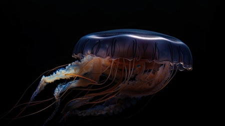 Jellyfish on a black background. Jellyfish is a marine mammal belonging to the family Phyllorhiza punctata.の素材