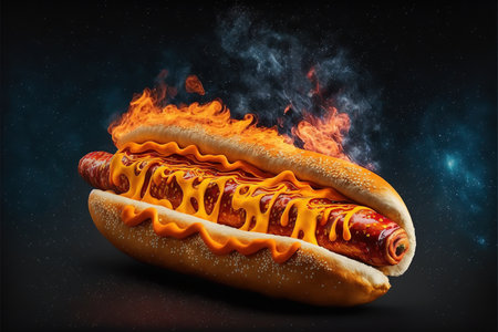 Hot dog with mustard and ketchup on dark background. 3d renderingの素材