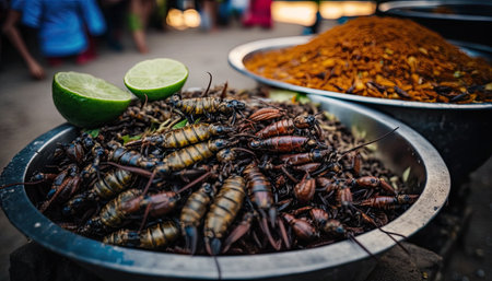 Fried cricket with lime for sale at street food market, Thailand.の素材