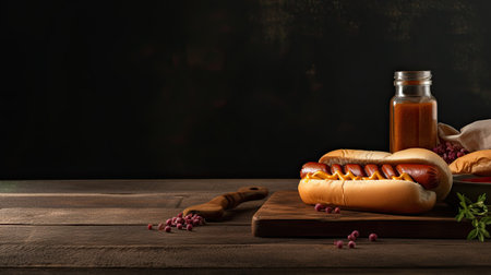 Tasty hot dog on wooden table against dark background. Space for textの素材