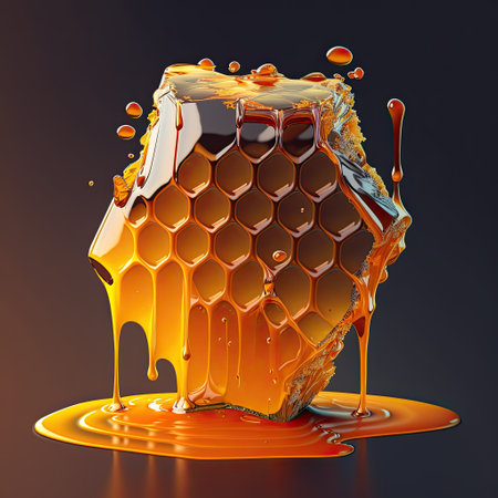 Honey dripping from a hexagonal honeycombs. 3d renderingの素材