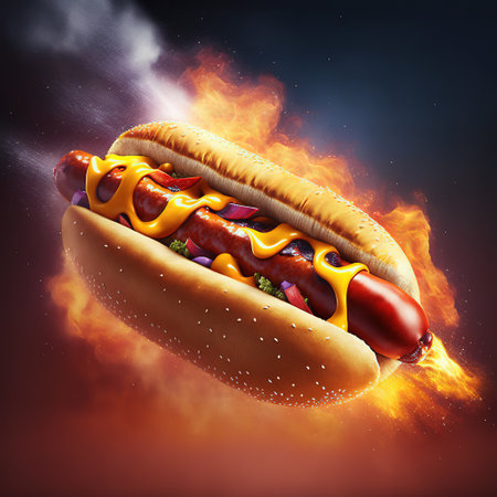 Hot dog with mustard and ketchup on fire background. 3d renderingの素材