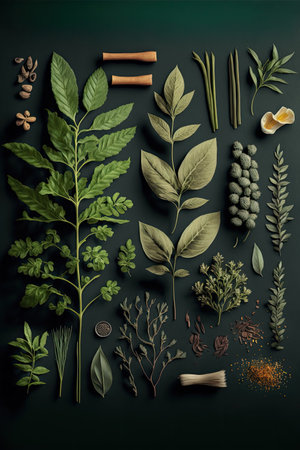 Herbs and spices on dark background. Top view. Vector illustration.の素材