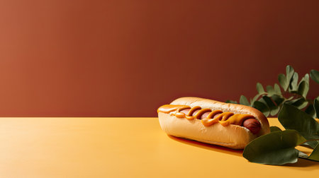 Delicious hot dog with green leaf on yellow table against color backgroundの素材