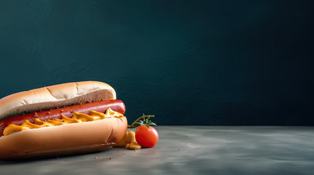 Hot dog with mustard and ketchup on a dark background. Copy space.の素材