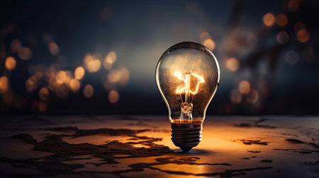 Incandescent light bulb glowing in the dark. Idea concept.の素材