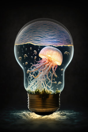 Jellyfish inside a light bulb on a dark background. 3d renderingの素材