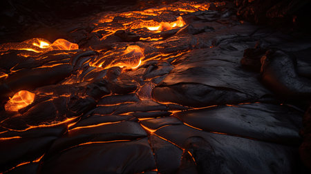 A closeup shot of a lava flow in a volcanic crater in Icelandの素材