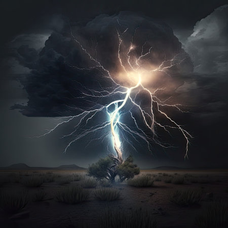 Conceptual image of lightning striking a tree in the desert.の素材