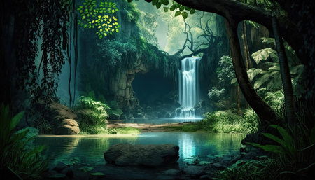 Waterfall in the jungle. 3d rendering. Computer digital drawing.の素材