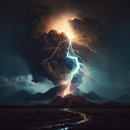 Conceptual image of lightning striking a stormy mountain landscape.の素材
