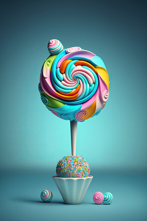 Colorful lollipop on blue background. 3D illustration.の素材