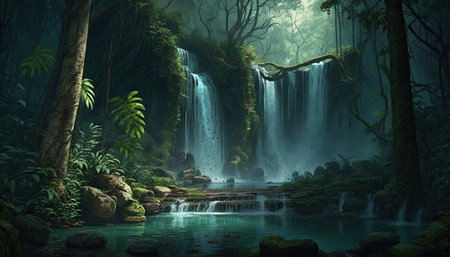 Beautiful waterfall in deep forest. 3D rendering and illustration.の素材