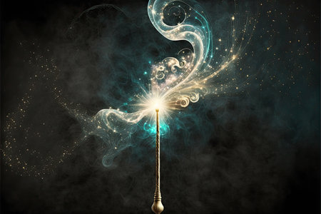 Magic wand with blue smoke and fire on a black background. Illustrationの素材