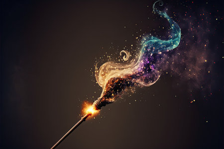 Burning match with colorful smoke and fire particles on black background.の素材