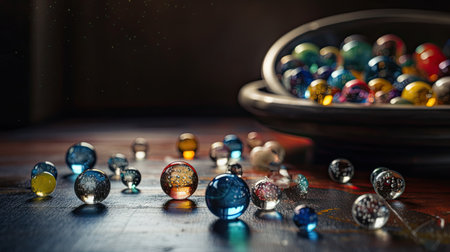 Colorful marbles on a wooden table. Selective focus.の素材