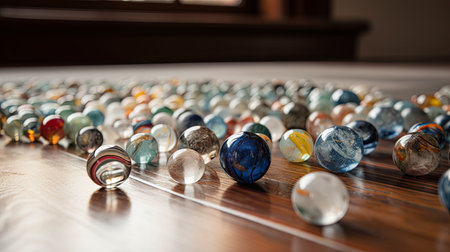 Marbles of various colors on a wooden table. Selective focus.の素材