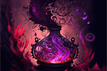 Magic potion in a vase with fire and smoke. Vector illustration.の素材