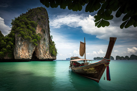 Traditional Thai longtail boat in the sea, Krabi, Thailandの素材