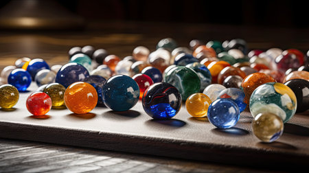 Colorful marbles on a wooden board. Selective focus.の素材