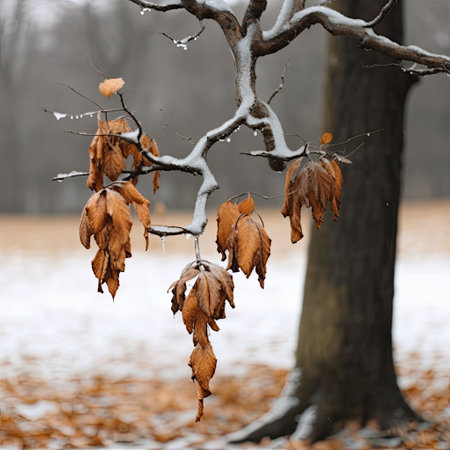 Frozen leaves on a tree in the winter forest, close upの素材