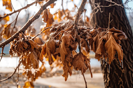 Dry leaves on the branches of a tree in the winter.の素材