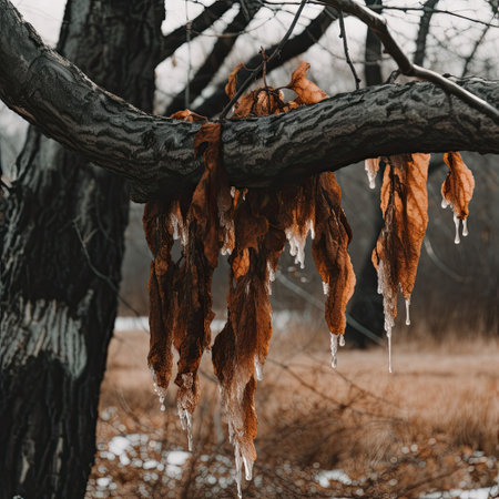 Frozen tree branch with leaves and icicles in winter forest.の素材