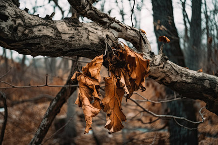 Dry leaves on the branches of a tree in the autumn forestの素材