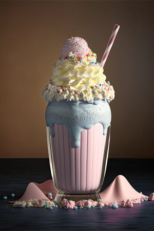 Delicious milkshake with whipped cream and sprinkles in glassの素材