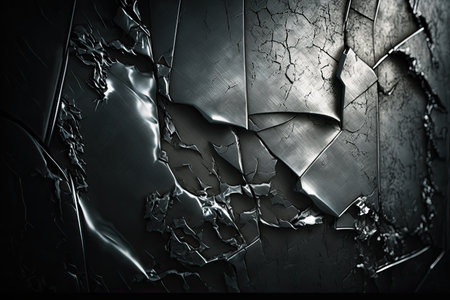 Broken glass with cracks and scratches. Black and white background.の素材