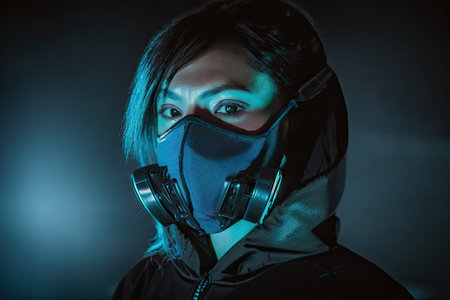 Portrait of a girl in a gas mask on a dark backgroundの素材
