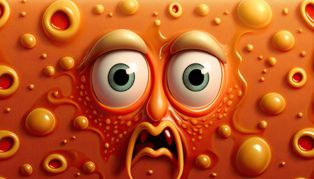 3d illustration of funny monster with eyes and mouth over orange backgroundの素材
