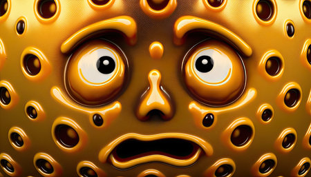 3d illustration of funny emoticon with eyes and mouth over golden backgroundの素材