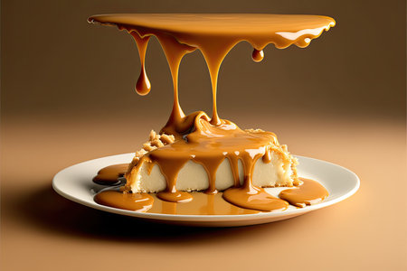 Piece of cake with melted caramel on a plate. 3d renderingの素材