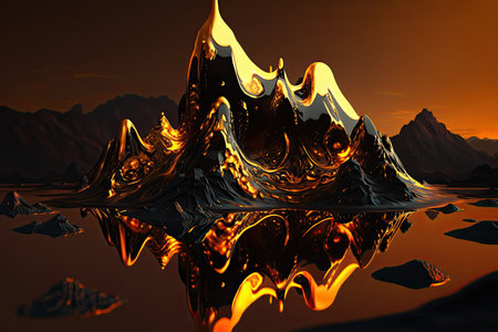 Fantasy alien planet. Mountain and lake. 3D illustration.の素材