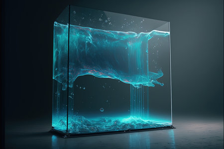 3d rendering of abstract glass cube with blue glowing lines on dark backgroundの素材