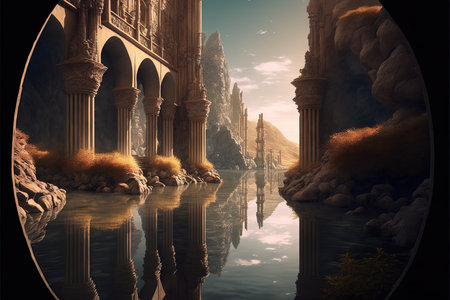 Fantasy landscape with ancient city and lake. 3D illustration.の素材