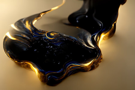 Close up of black and gold paint splashing on white background.の素材