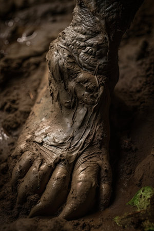 Close-up of human feet in mud. Selective focus.の素材