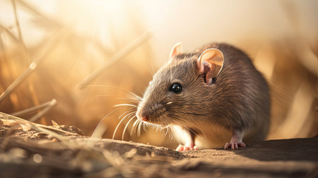 Close up of a little rat in the field at sunset. Selective focus.の素材