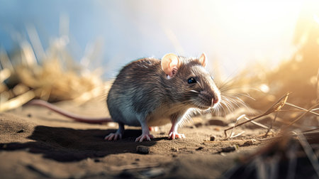 Cute little rat on the sand in the sunbeams.の素材
