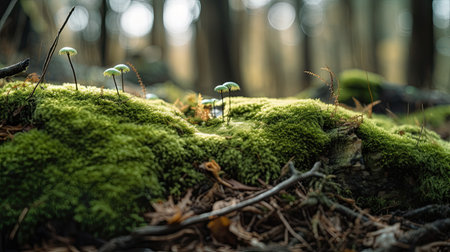 Mushrooms grow on the moss in the forest. Selective focus.の素材