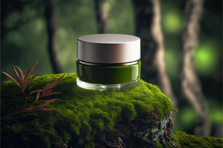 Cosmetic cream jar on green moss in forest. 3d illustrationの素材