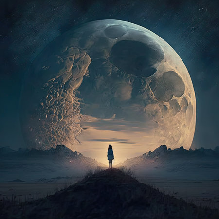 Fantasy landscape with a lonely girl standing on the road to the moonの素材