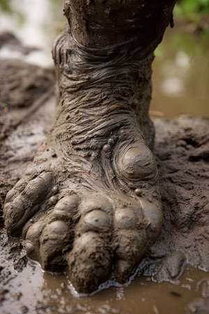 Foot of a man in mud puddle, close-up.の素材