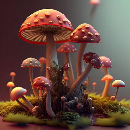 3d render of fly agaric mushroom in fantasy forest.の素材