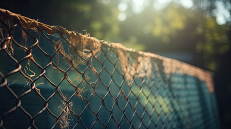 Fence with netting on the background of the forest and sunlightの素材
